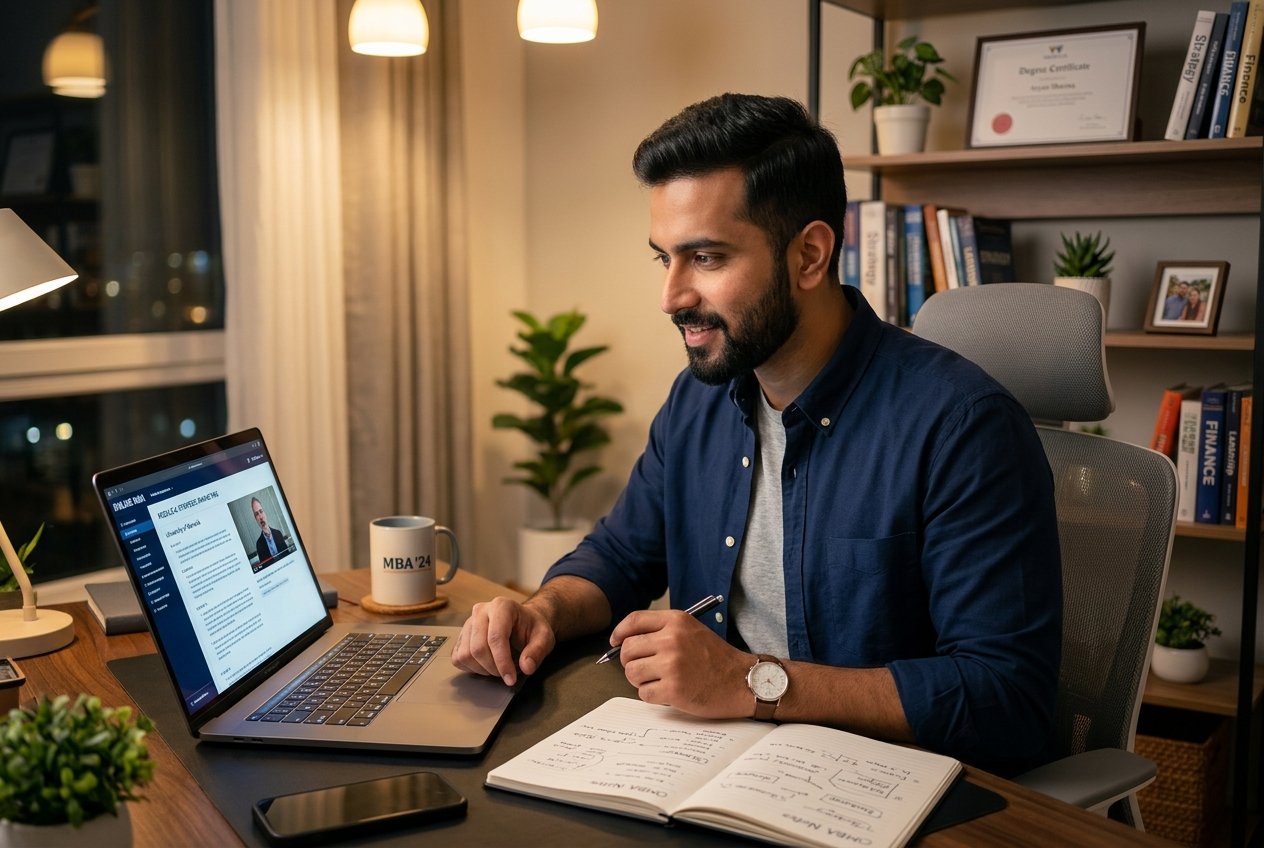 Working professional studying online MBA on laptop at home office